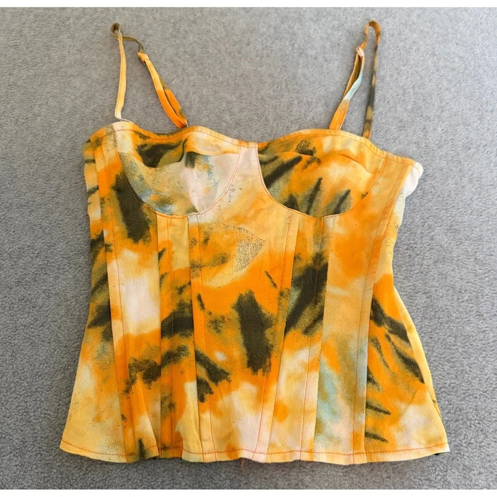 PrettyLittleThing Orange Green Tie Dye Corset Cami Top Zip Back Womens Size 4